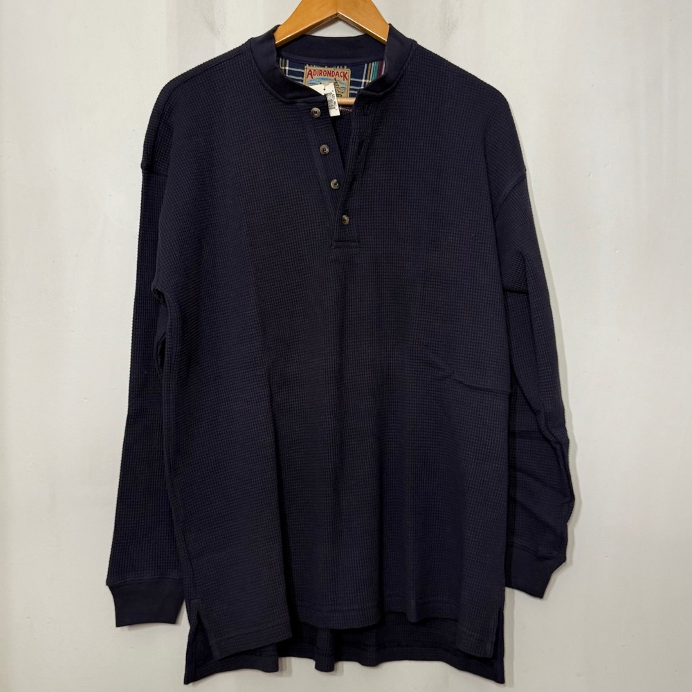 Adirondack Savile Row Mens Large Navy Waffle Knit Thermal Henley Made in USA